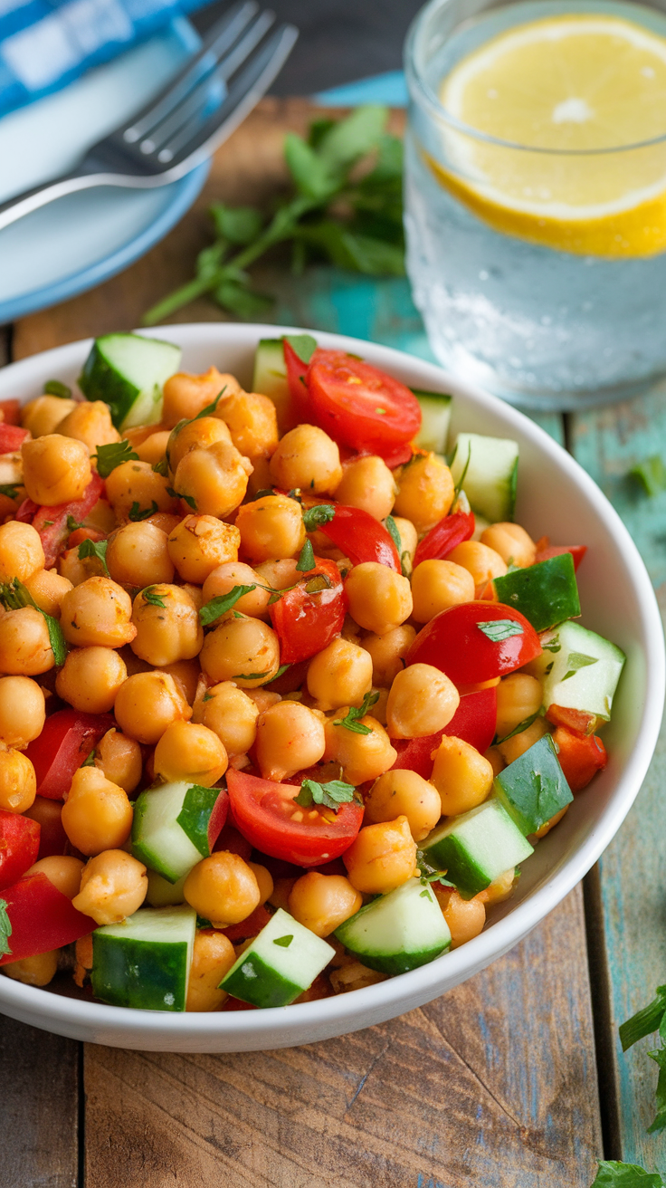 Quick and Zesty Spicy Chickpea Salad A colorful chickpea salad with cucumbers, tomatoes, and bell peppers, garnished with herbs on a wooden table.