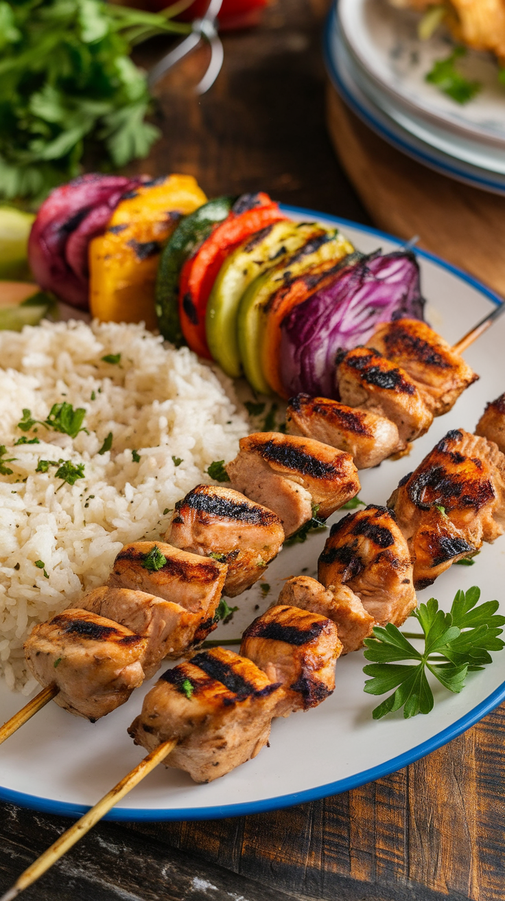 Authentic Turkish Chicken Kebab (Tavuk Şiş) Recipe Turkish Chicken Kebab (Tavuk Şiş) on skewers with grilled vegetables, garnished with parsley, on a rustic wooden table.