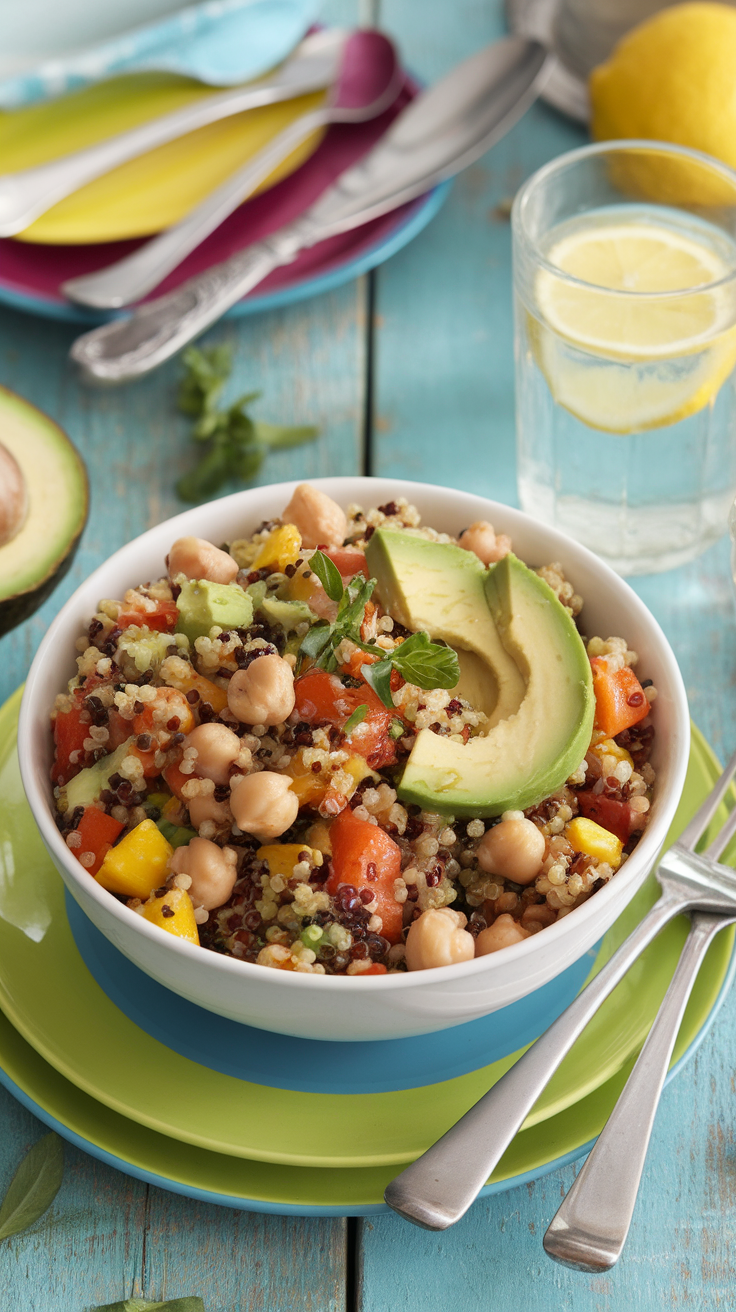 Quick and Tasty Lunch Recipes for Busy Days A colorful quinoa salad with vegetables, chickpeas, and avocado on a wooden table, garnished with herbs.