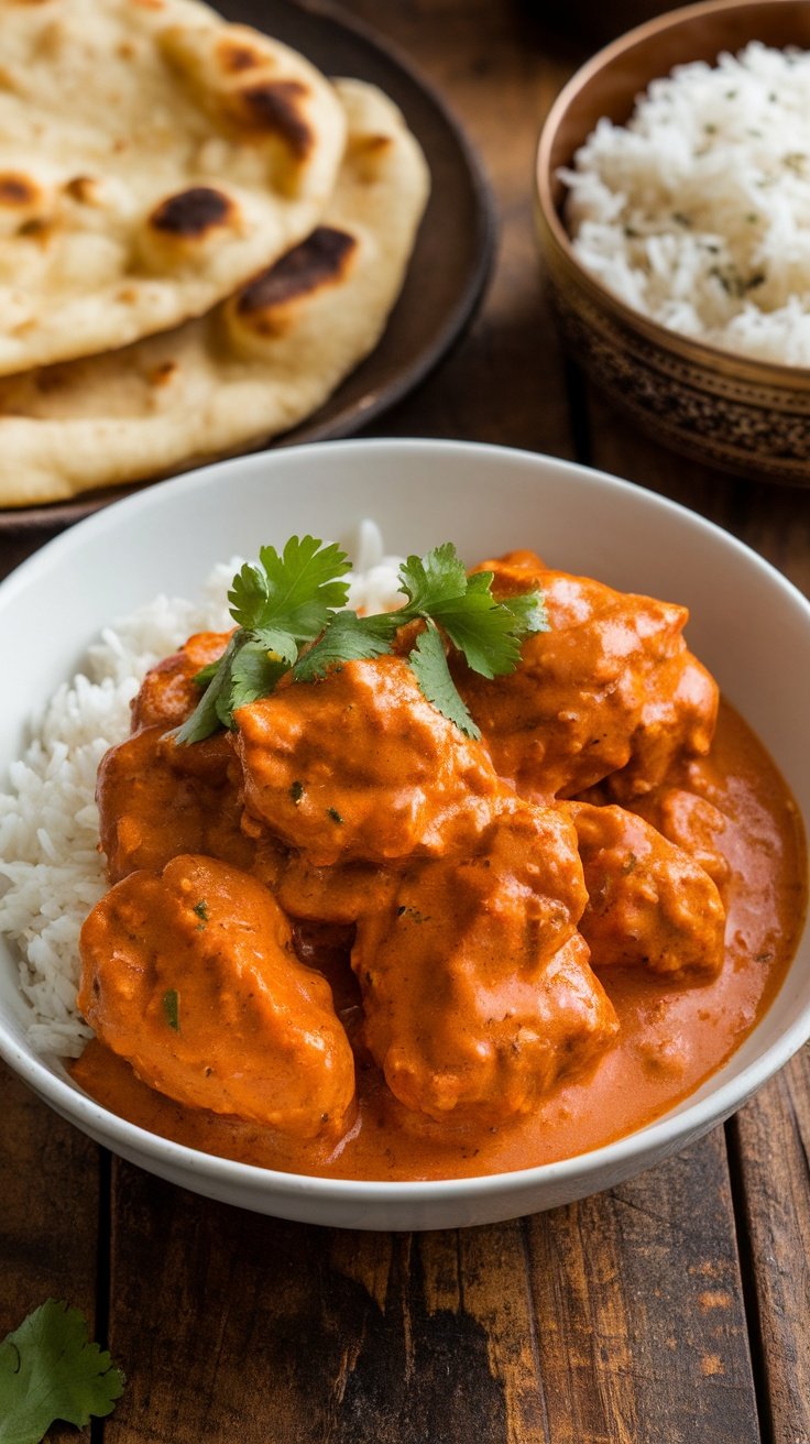 Creamy Butter Chicken Recipe Creamy butter chicken in a bowl with naan and rice, garnished with cilantro.