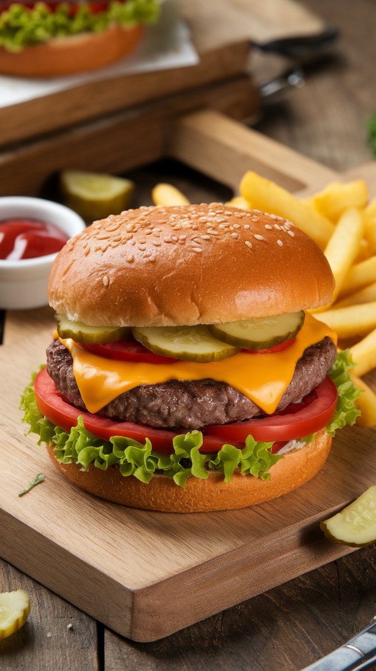 Juicy Ultimate Beef Burger Recipe Juicy beef burger with cheese, lettuce, tomato, pickles on a toasted bun, served with fries and ketchup.