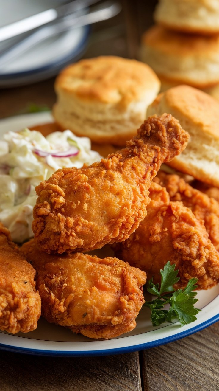 Homemade KFC-Style Crispy Fried Chicken Recipe Crispy fried chicken pieces on a plate with coleslaw and biscuits, garnished with parsley.