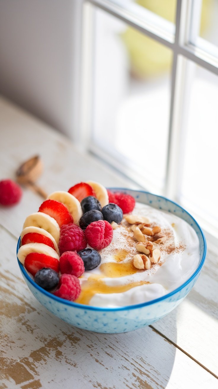 A colorful energy-boosting breakfast bowl with yogurt, fruits, and nuts on a rustic table.