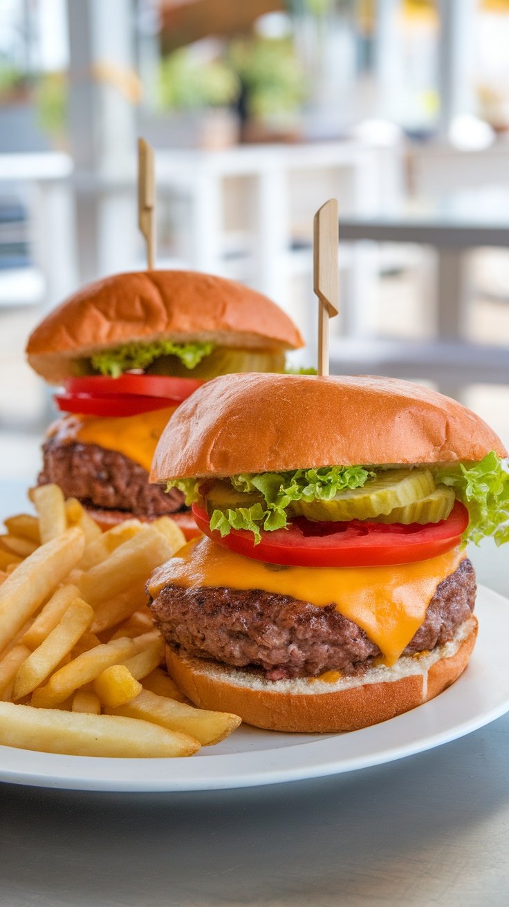 Juicy Homemade Smash Burgers Recipe Delicious homemade smash burgers with cheese, lettuce, and tomato on toasted buns, served with fries.