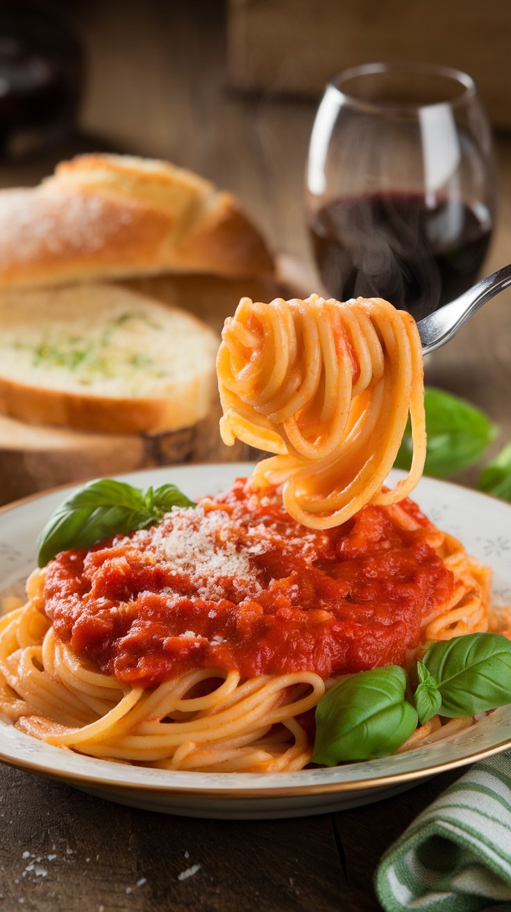 Classic Spaghetti with Rich Tomato Sauce Recipe A plate of spaghetti with rich tomato sauce and basil, served with Parmesan cheese and garlic bread.