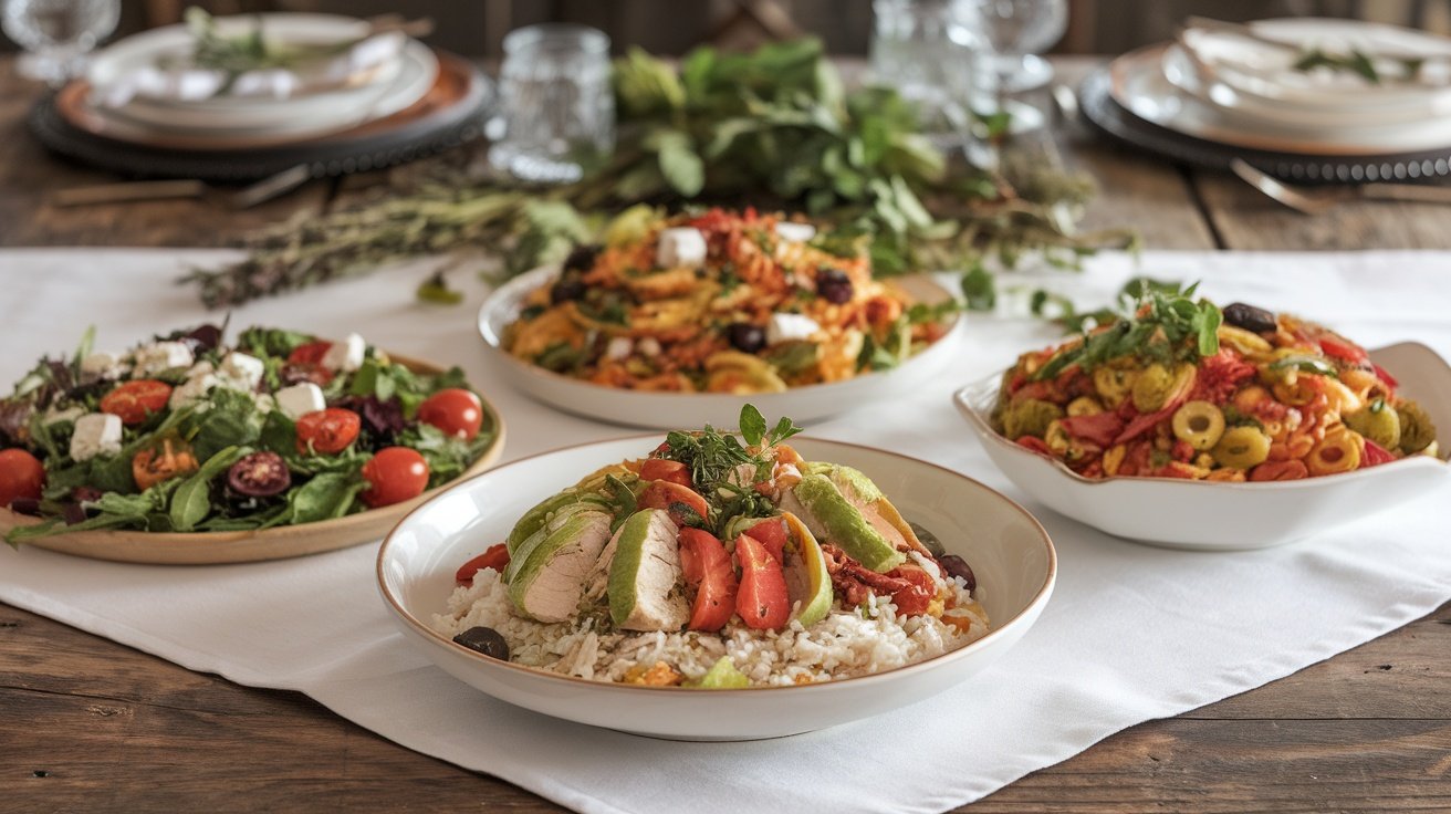 Transforming Rotisserie Chicken into 3 Mediterranean Delights Three Mediterranean meals made with shredded rotisserie chicken: a salad, pasta, and a rice bowl, on a rustic table.