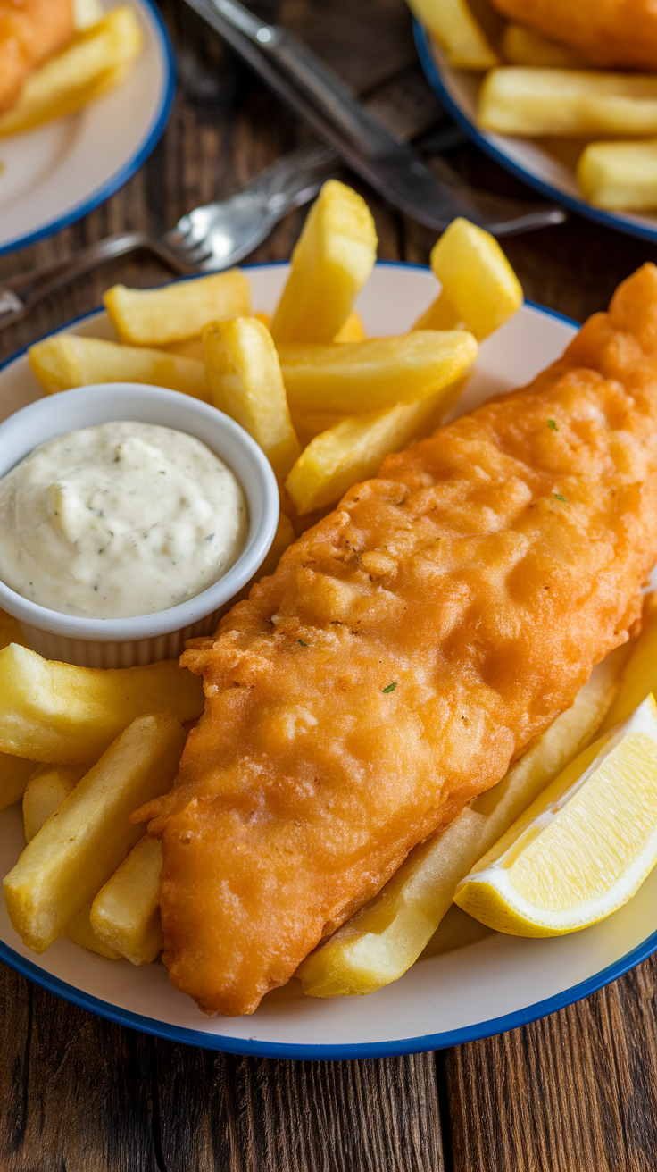 Classic British Fish and Chips Recipe A dish of golden fish and chips with tartar sauce and lemon on a rustic wooden table.