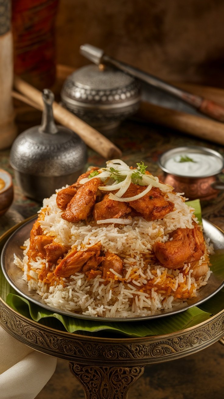 Authentic Hyderabadi Biryani Recipe A serving of Hyderabadi biryani with chicken, garnished with herbs and fried onions, on an ornate table with raita.