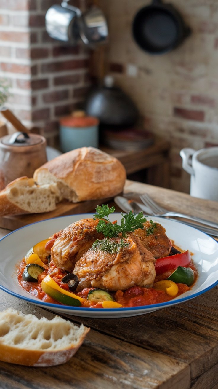 Mediterranean Braised Chicken with Seasonal Vegetables Mediterranean Braised Chicken with vegetables and olives, garnished with parsley on a wooden table with bread.